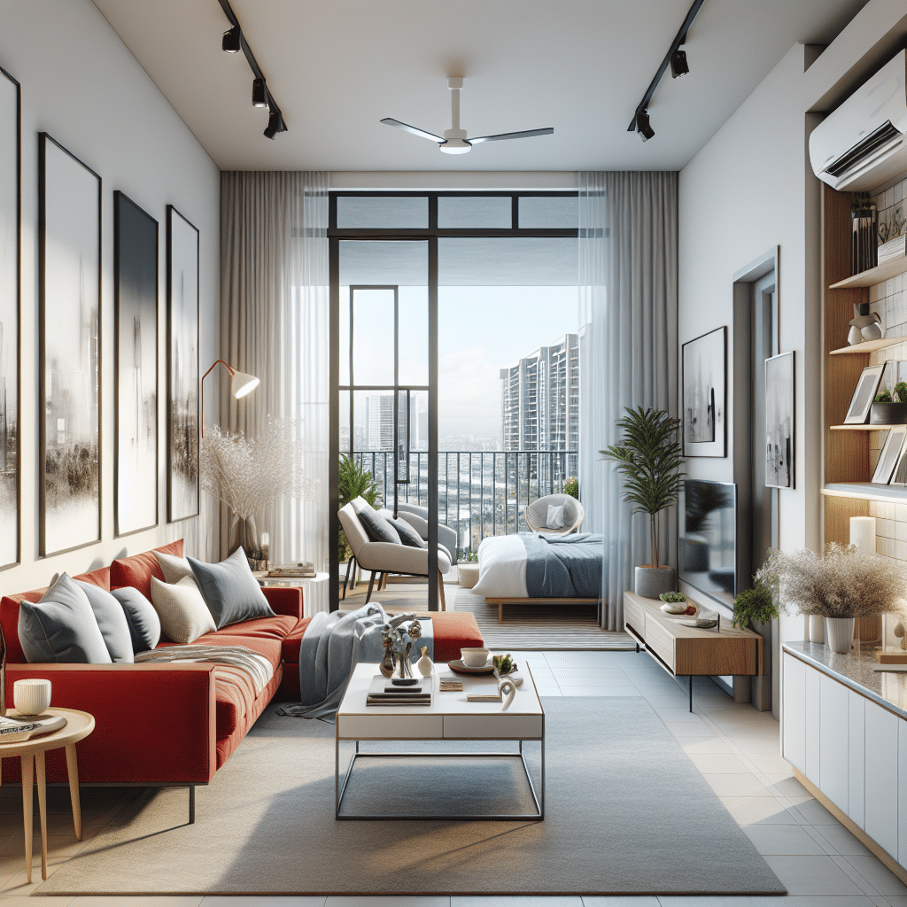 A modern living room with a red sofa, coffee table, and TV, leading to a bedroom with a large window view. Decor includes framed art, plants, and a ceiling fan. Sliding doors open to a balcony with cityscape views. Bright natural light fills the space.