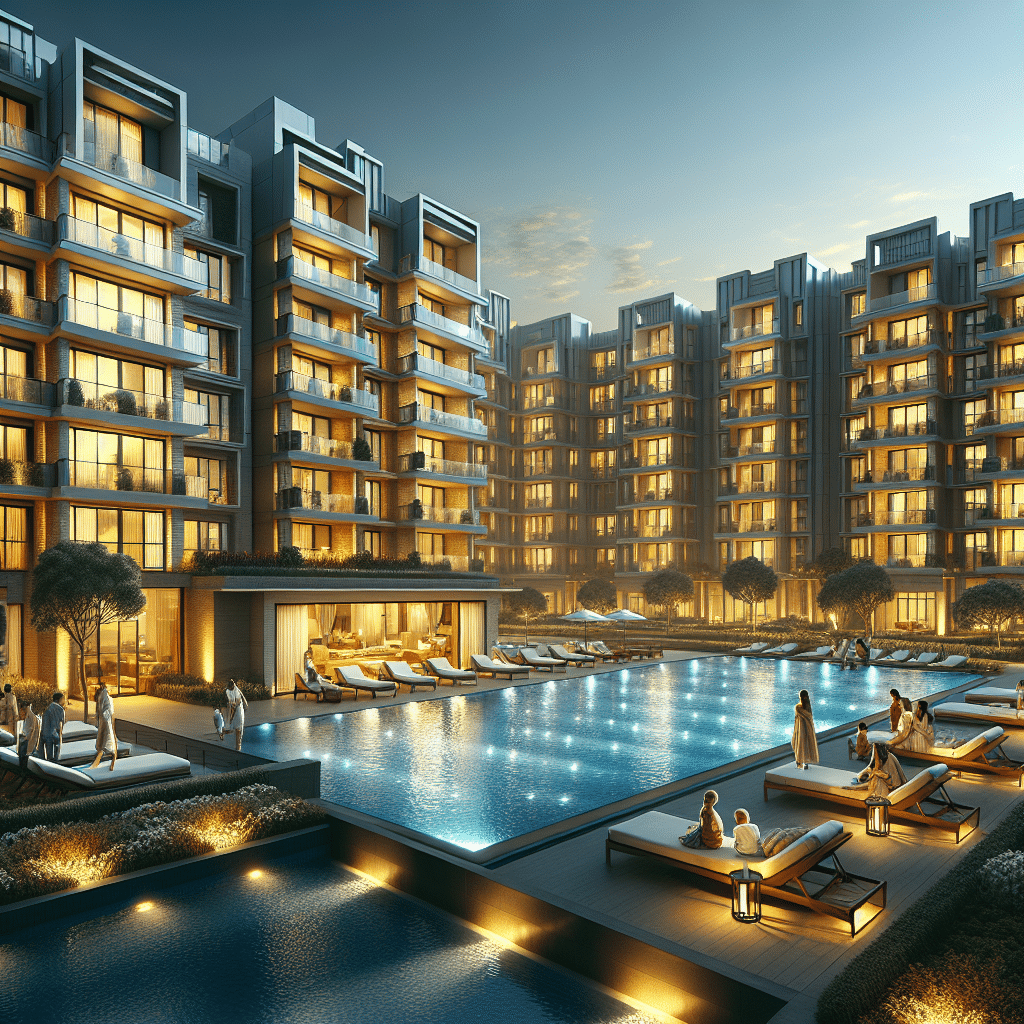 A modern apartment complex illuminated at dusk, featuring multiple stories with balconies. In the foreground, a large, lit swimming pool is surrounded by people lounging on poolside chairs. Shrubs and ambient lighting enhance the serene setting.