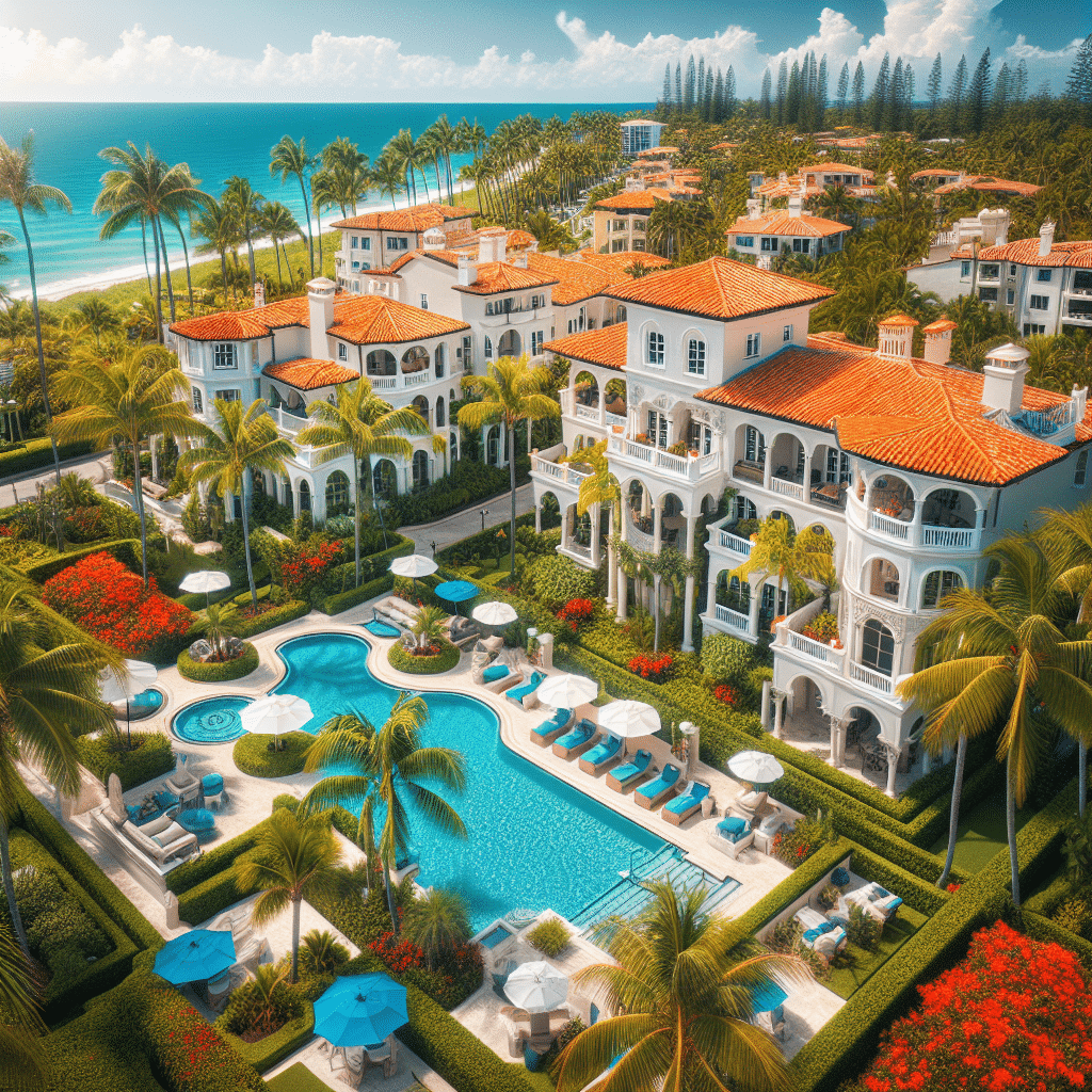 Aerial view of a luxurious seaside resort featuring elegant Mediterranean-style buildings with red-tiled roofs, a large pool with lounge chairs, and lush gardens filled with palm trees. In the background, the ocean meets a sandy beach.