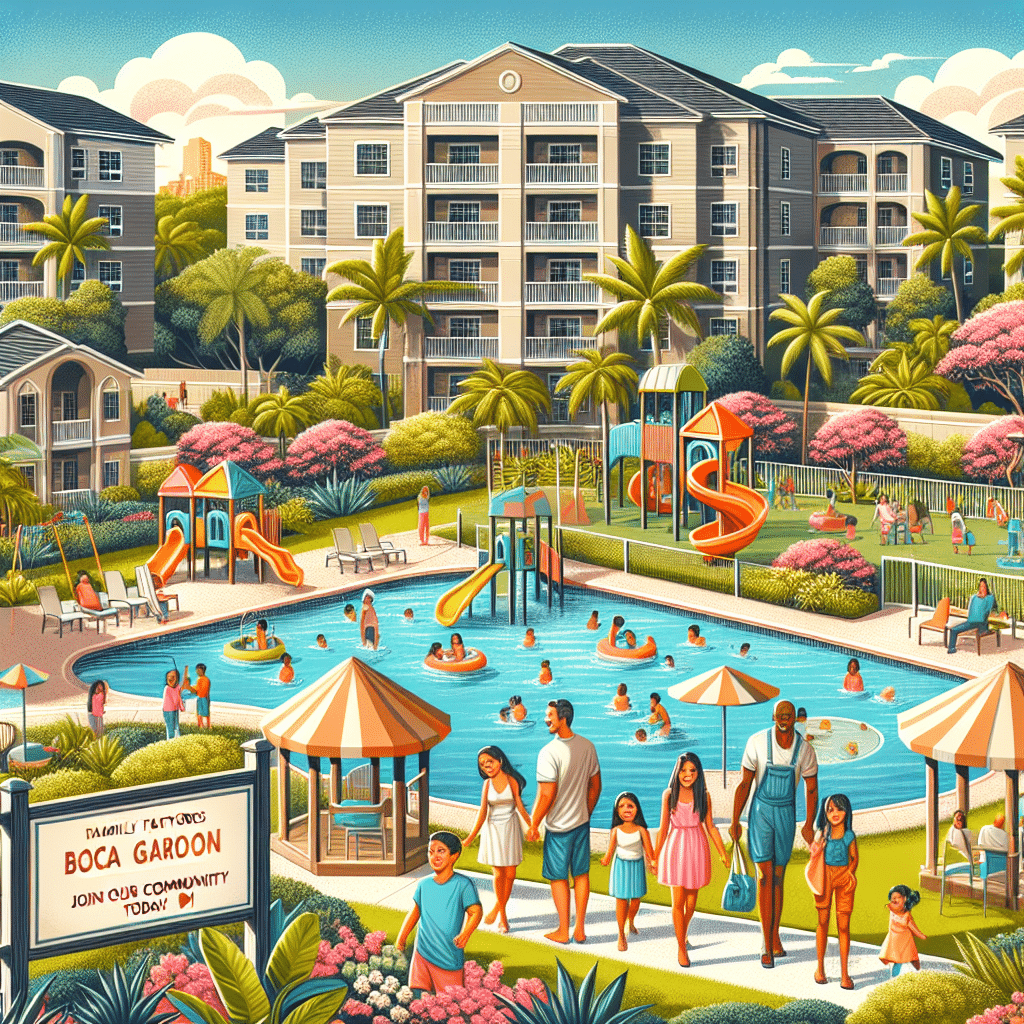 Illustration of a vibrant community pool area surrounded by apartment buildings and palm trees. Families and children are enjoying the pool, slides, and a sunny day. The sign reads "Family Playdays at Boca Garoon, Join Our Community Today!.