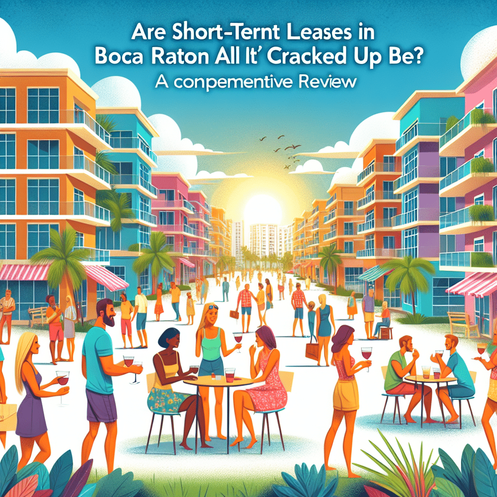 Colorful illustration of people socializing in a lively, sunlit street lined with modern apartment buildings. Palm trees dot the scene, and the text above poses a question about short-term leases in Boca Raton. Titled "A conpenetrive Review.