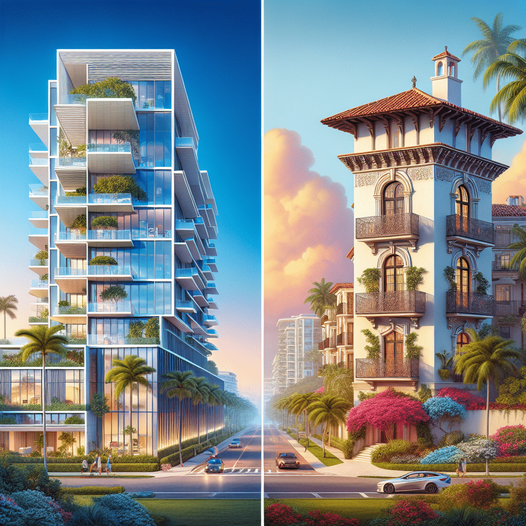 A split image of modern and traditional architecture. On the left, a sleek glass skyscraper with plants on balconies. On the right, a classic building with ornate details and a Spanish-style roof. Both are surrounded by palm trees and vibrant landscaping.