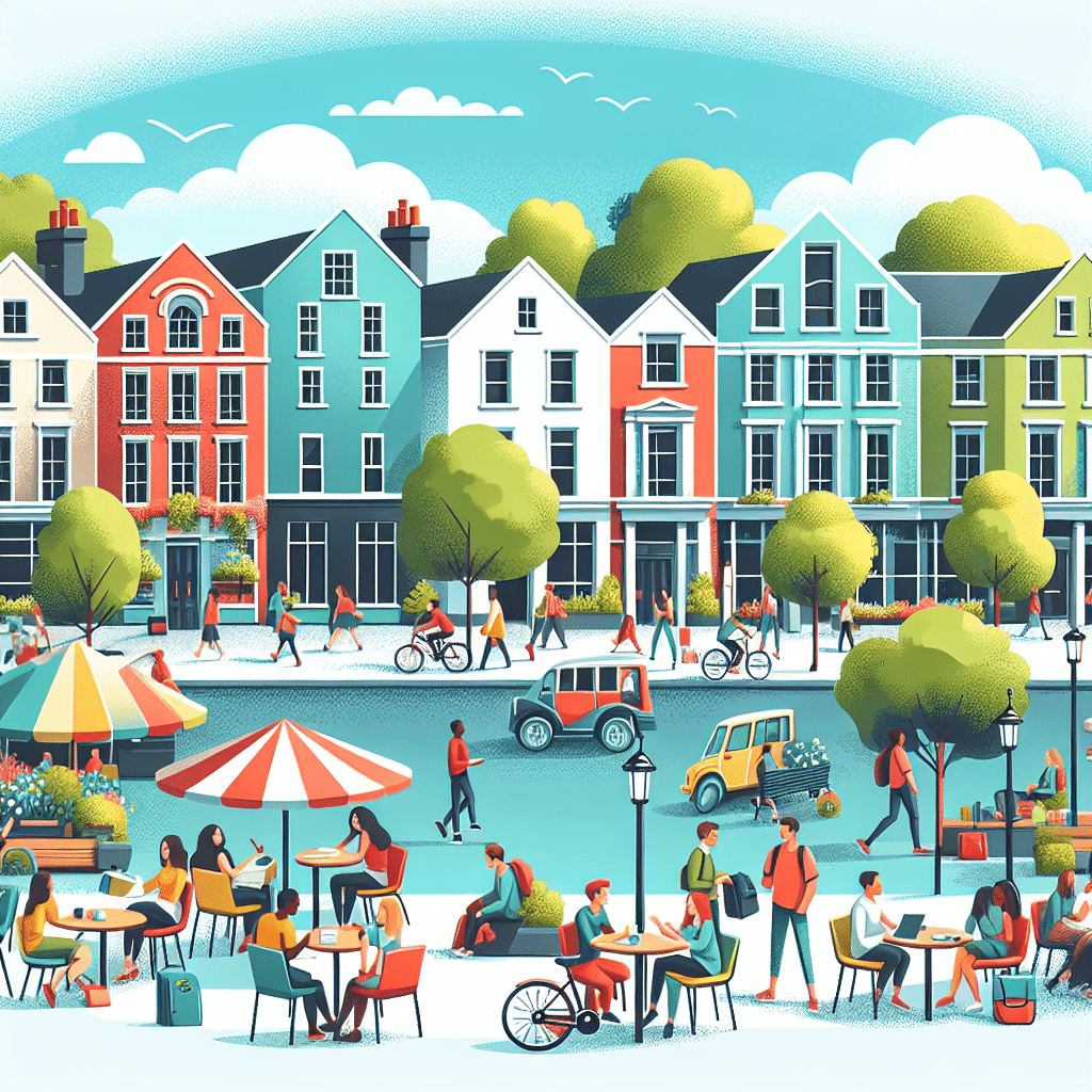 A vibrant, colorful illustration of a lively street scene with people walking, cycling, and sitting at outdoor cafes. The street is lined with multicolored townhouses, and trees dot the sidewalk under a clear blue sky.