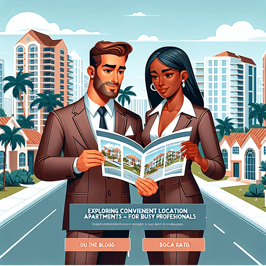 A professional man and woman in business attire examine a brochure, standing on a palm-tree-lined street with high-rise buildings in the background. Text reads, "Exploring convenient location apartments for busy professionals.