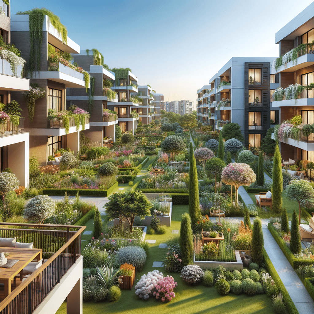 A modern residential complex with several multi-story buildings, each featuring lush green terraces. The landscaped courtyard below is filled with trees, shrubs, and walking paths under a clear blue sky.