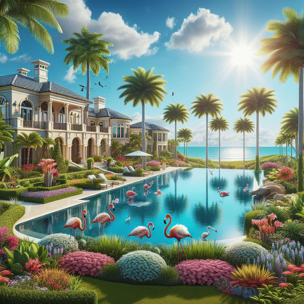 A luxurious tropical resort features a serene pool surrounded by palm trees and vibrant flowers. Flamingos wade in the water, and elegant villas stand in the background. The sky is clear and sunny, creating a peaceful and idyllic setting.