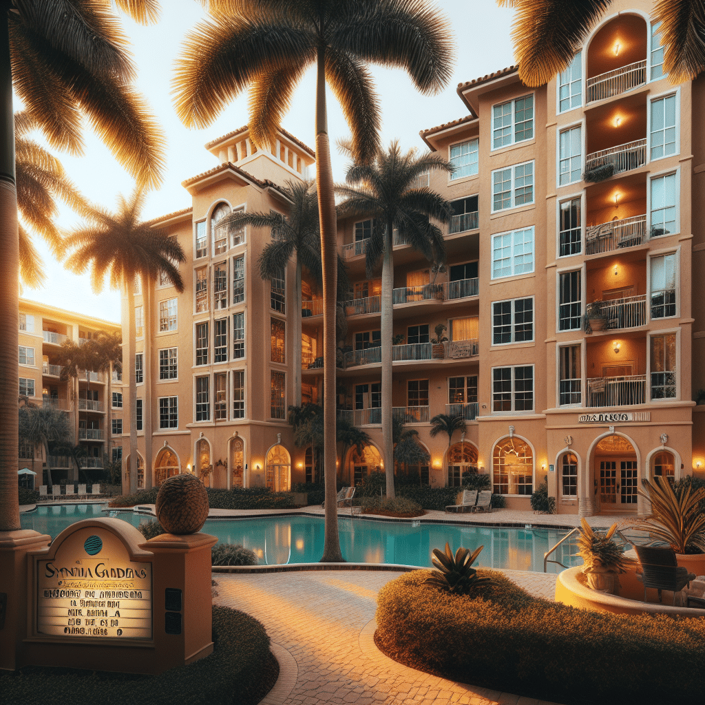 A Mediterranean-style apartment complex with warm-toned stucco and archways, surrounded by tall palm trees. A central courtyard features a pool with lounge chairs. A sign at the entrance reads "Spanish Gardens Apartments.