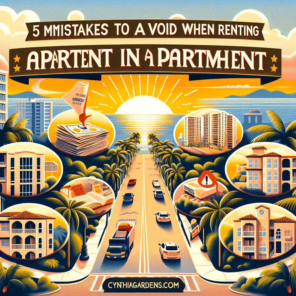 A vibrant illustration titled "5 Mistakes to Avoid When Renting an Apartment." It features a sunlit cityscape with buildings, palm trees, a road with cars, and circular insets highlighting documents and apartments. Website: cynthiagardens.com.