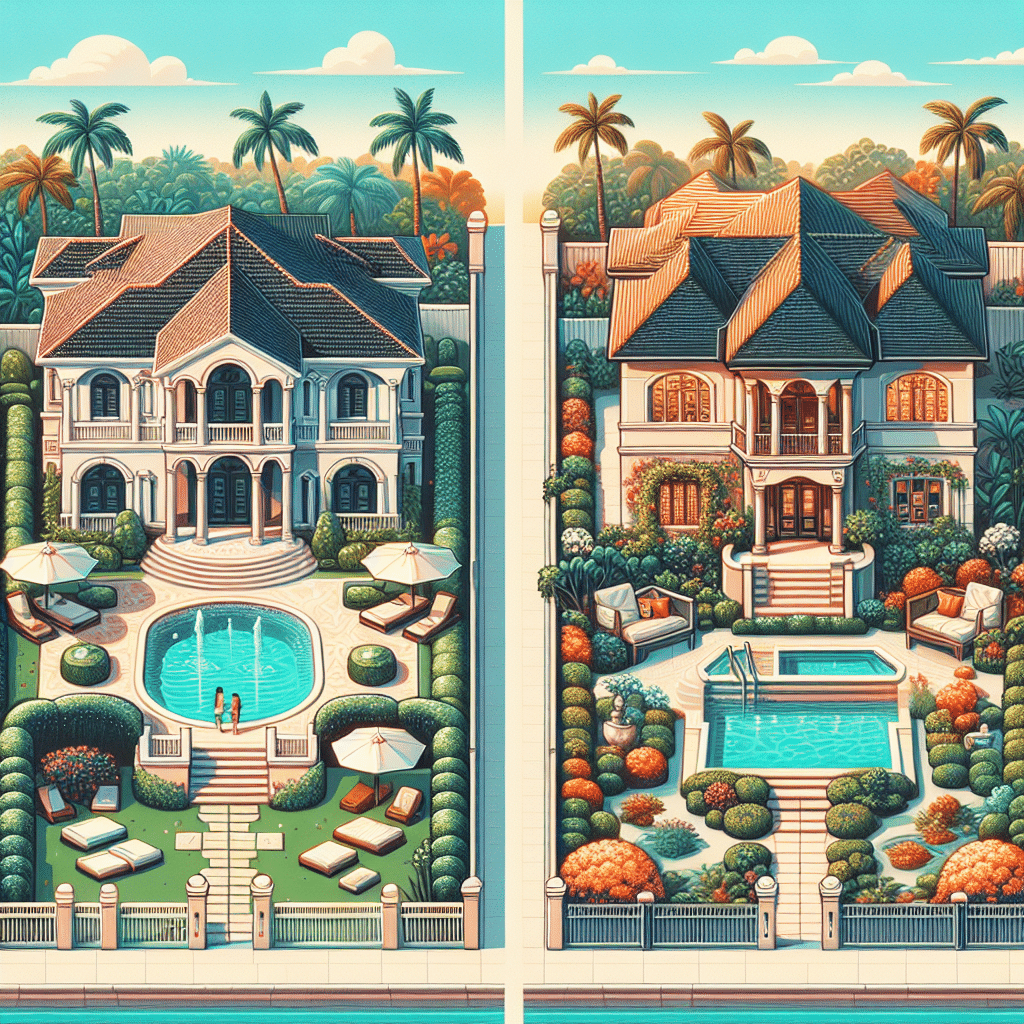 Illustration of two elegant houses with pools, lush gardens, palm trees, and hedges. Each property has distinctive architecture, pathways, loungers, and outdoor seating, set under a clear blue sky, separated by a white fence.