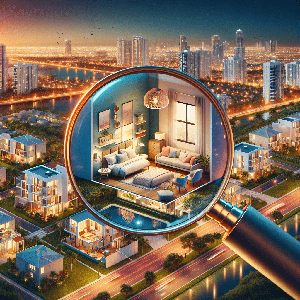 A magnifying glass over a vibrant cityscape reveals a detailed, modern bedroom with a bed, nightstands, and a cozy seating area. The city outside is lit with skyscrapers and surrounding houses, highlighting a lively urban atmosphere.