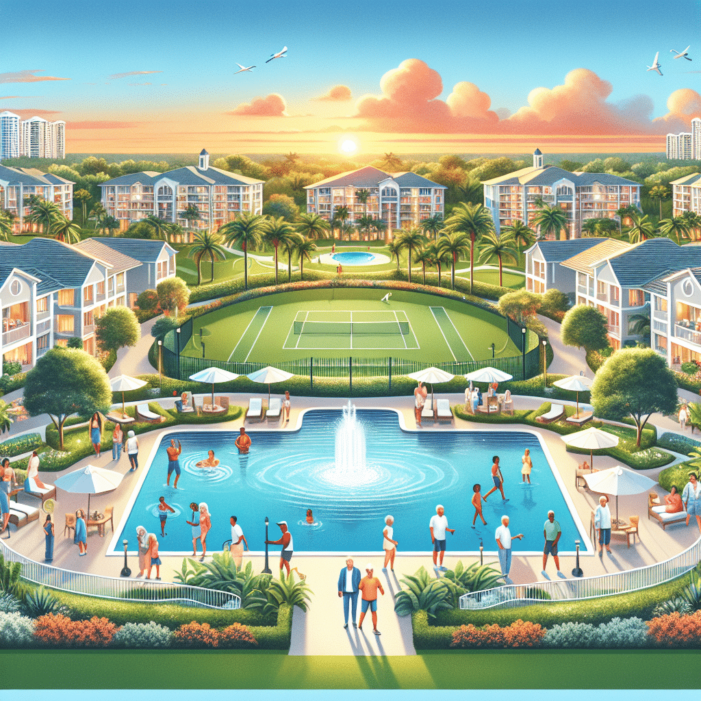 A vibrant resort scene at sunset with people enjoying a swimming pool, tennis court, and walking paths. Surrounded by modern apartments, palm trees, and a fountain, the setting is lively and picturesque under a colorful sky with flying birds.