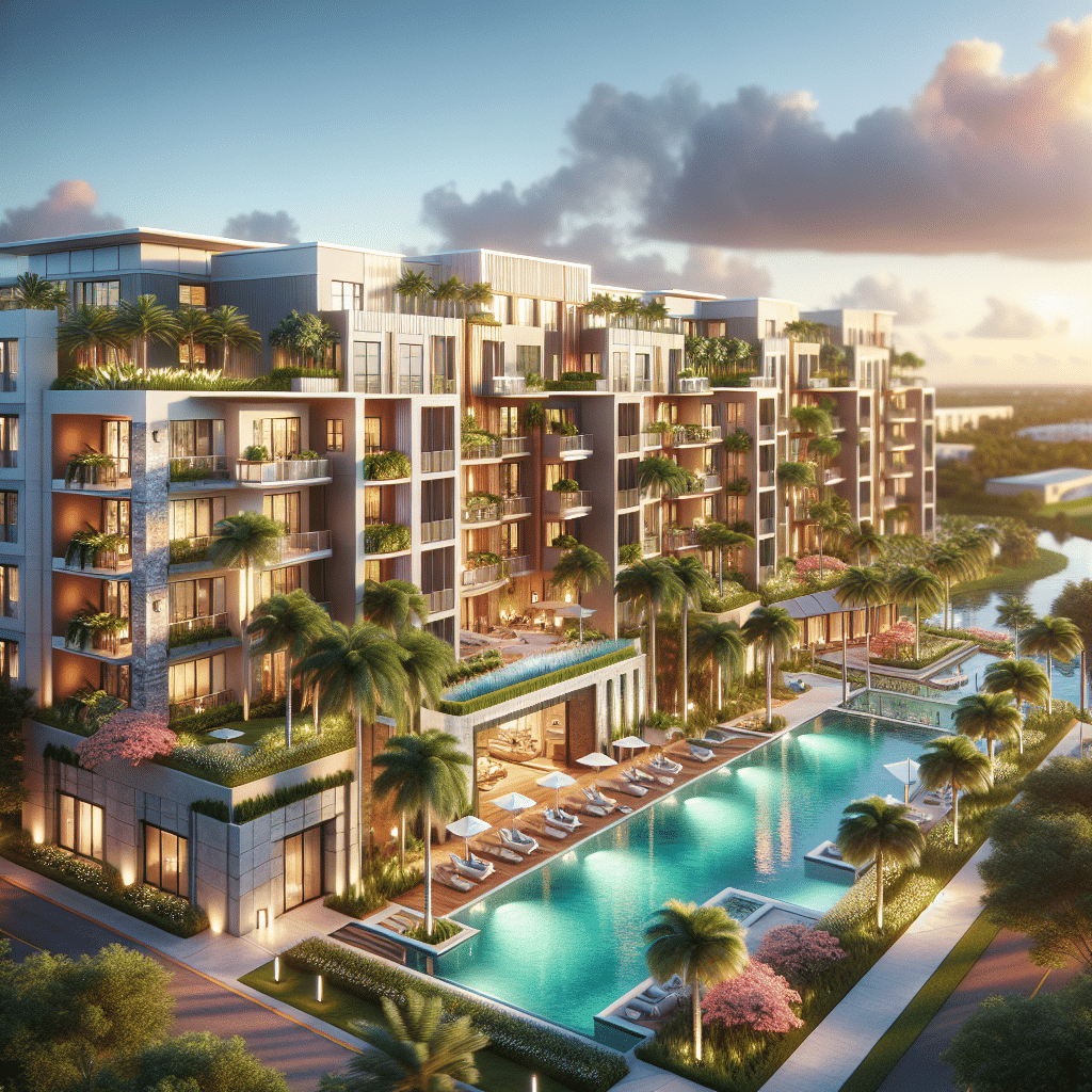 A luxurious, modern apartment complex with large balconies is surrounded by lush greenery. A long swimming pool with sun loungers is in the foreground. The scene is illuminated by a warm sunset glow.