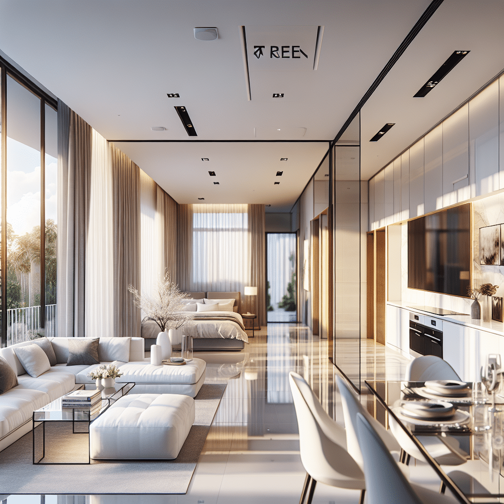 Modern open-plan living space featuring a sleek kitchen, dining area, and cozy lounge. Large windows provide abundant natural light, while minimalistic decor with neutral colors creates an airy and elegant atmosphere. Bedroom area visible in the background.