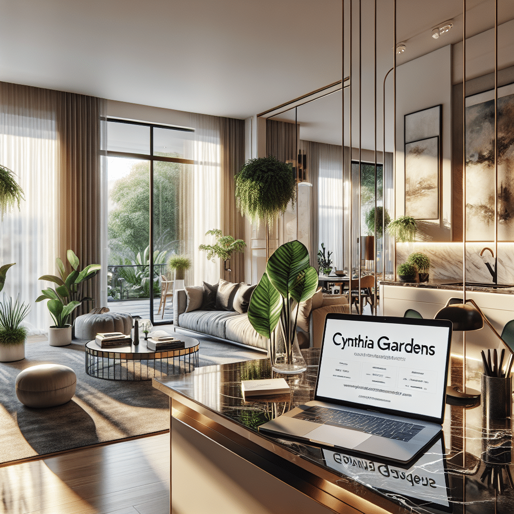 Modern living room with large windows and greenery, featuring a sleek desk with a laptop displaying "Cynthia Gardens." The space includes a comfortable sofa, round coffee table, and various plants, creating a bright and inviting atmosphere.