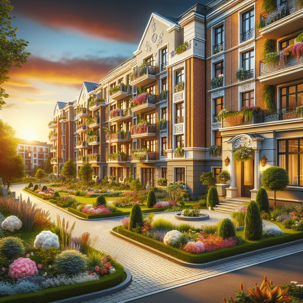 A picturesque view of a modern apartment building at sunset, featuring lush gardens with colorful flowers and neatly trimmed shrubs lining a brick pathway. The building showcases stylish balconies and elegant architectural details.