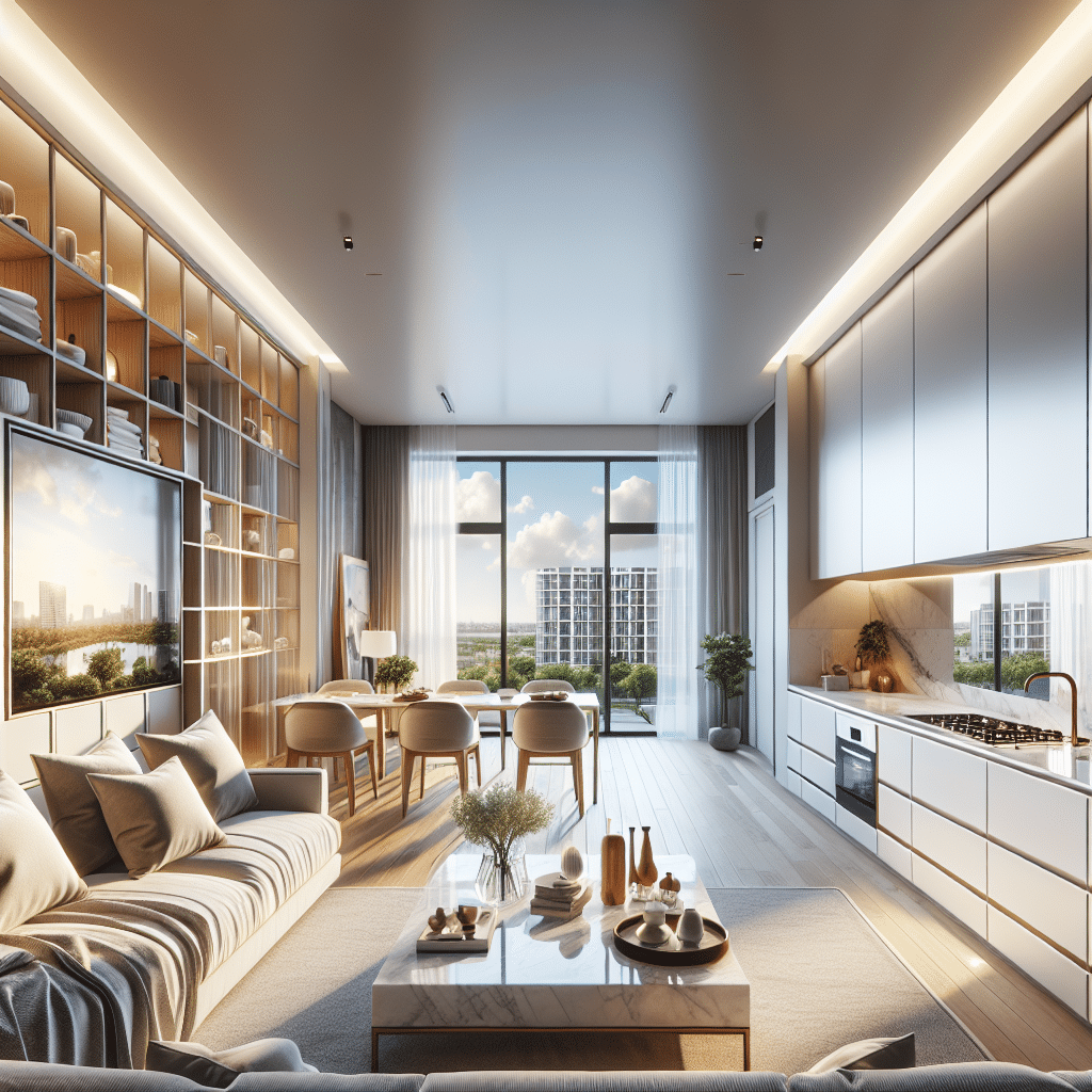 Modern living room with a spacious open layout, featuring a cozy seating area, a wall-mounted TV, a sleek kitchen, and a dining table. Glass doors lead to a balcony with views of city buildings. Natural light fills the space through large windows.