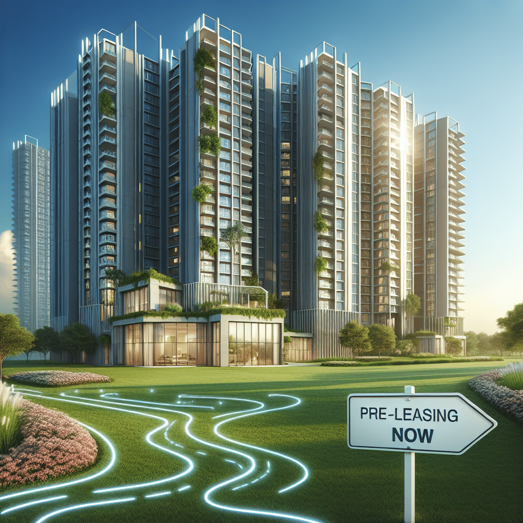 Modern high-rise apartment complex with lush greenery on balconies. A sunlit lawn features a walkway with glowing lines leading to a "Pre-Leasing Now" sign, with a clear blue sky in the background.