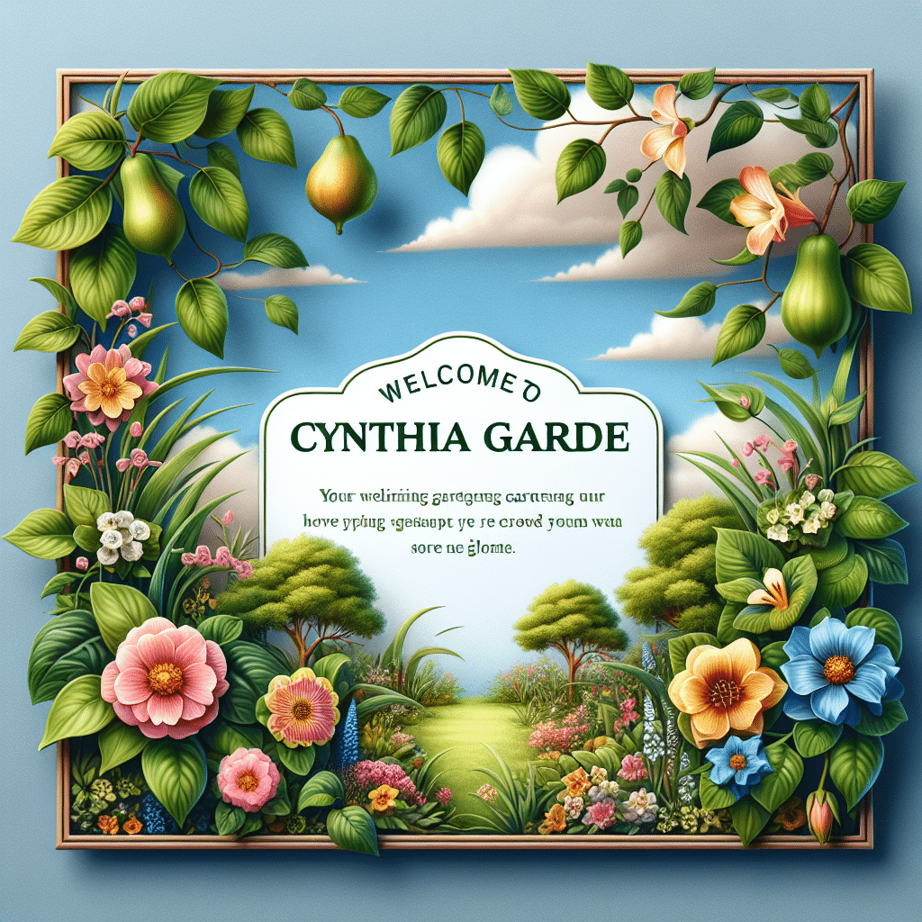 Colorful floral frame with pink, blue, and yellow flowers surrounds a welcome message. In the background, a serene garden with trees and clear blue sky is depicted. Pears hang from the top border, adding an elegant touch.