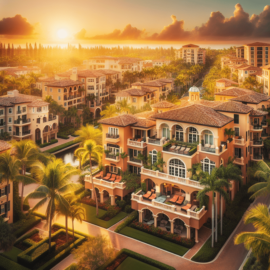 A picturesque aerial view of a luxurious Mediterranean-style housing complex at sunset. The scene is bathed in warm golden light, with palm trees lining the streets and elegant balconies overlooking well-manicured lawns and gardens.