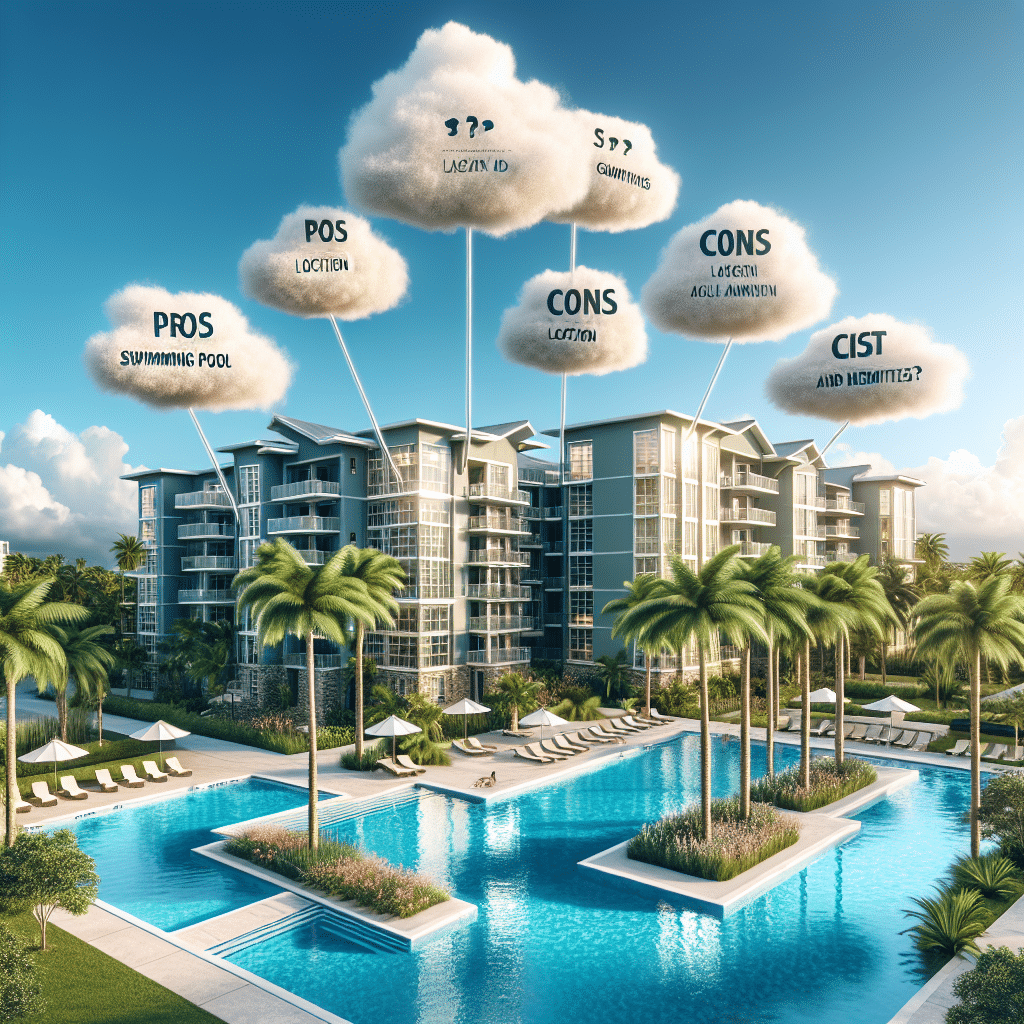 Sunny tropical resort with palm trees and a large pool. Floating clouds above the buildings list positives like "swimming pool" and "location," and negatives like "guarantors" and "angle inversion." Some text is unreadable.