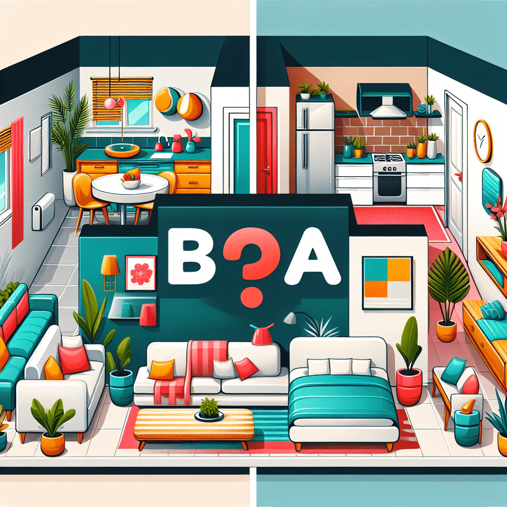 Split-screen illustration of two colorful interiors. The left shows a spacious living room and dining area with plants, while the right depicts a compact kitchen and lounge. A large "B?A" question mark is centered between the rooms.