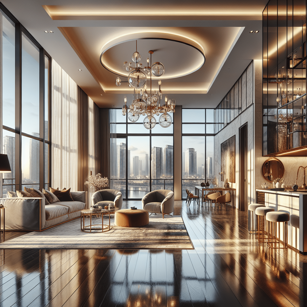 A luxurious modern penthouse living room with floor-to-ceiling windows offering a city skyline view. It features elegant furniture, a large chandelier, and sleek wooden floors, creating a sophisticated and spacious atmosphere.