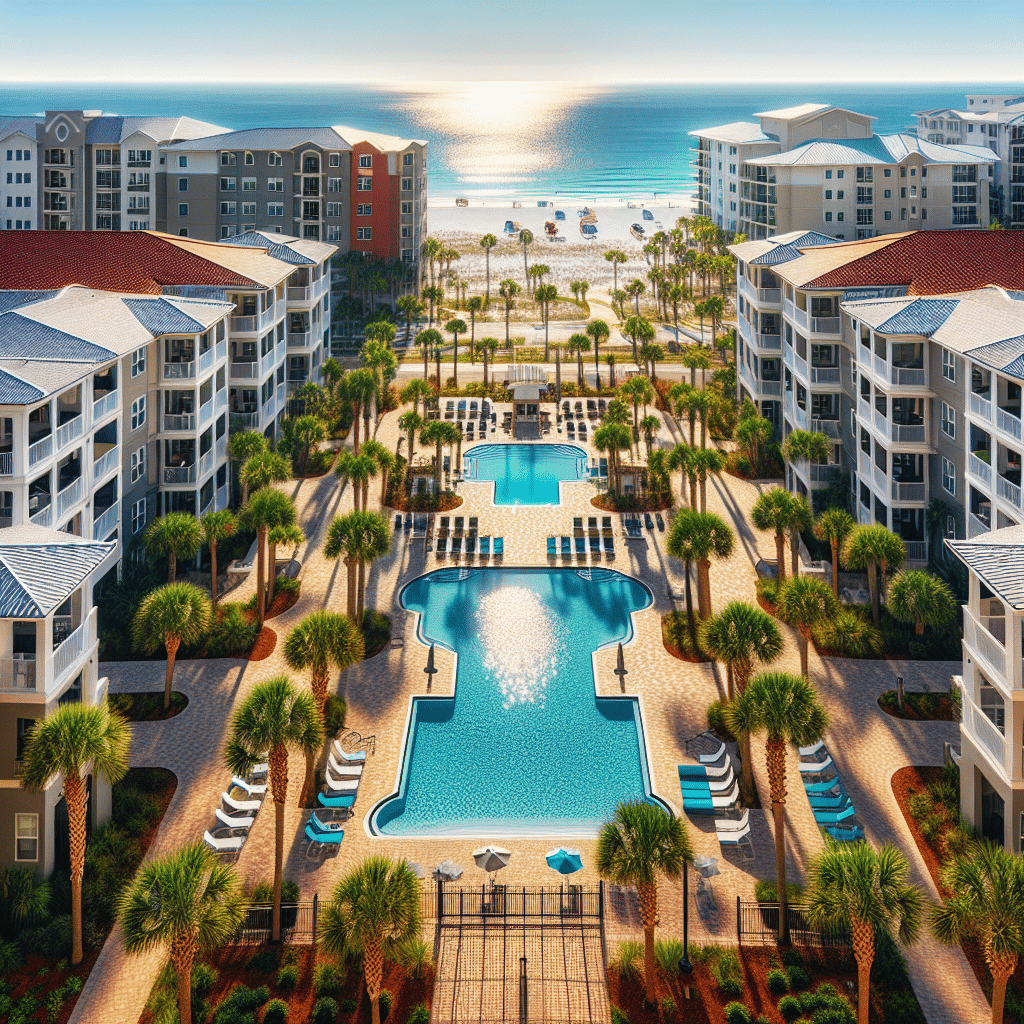 Aerial view of a resort featuring a large, decorative pool surrounded by palm trees, with multiple apartment buildings lining both sides. In the background, a sandy beach and the ocean are visible, reflecting the sunlight.