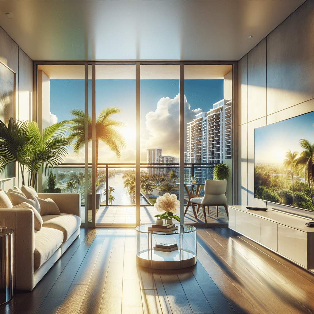 Luxurious living room with a glass wall offering a view of palm trees and city buildings at sunset. The room features a white sofa, plants, a round glass coffee table, and a large TV. Warm lighting enhances the modern decor.