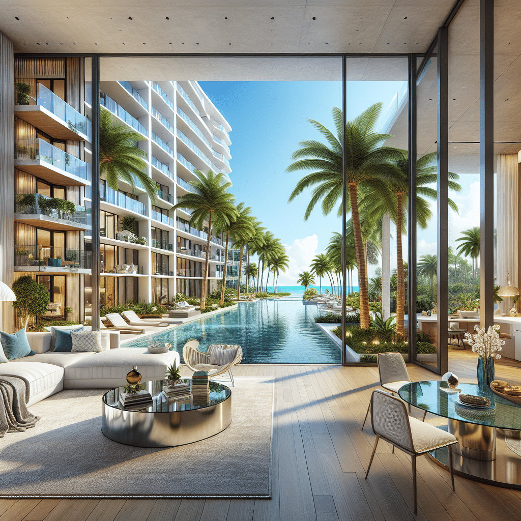 Luxurious living room with modern furniture and large glass doors opening to a terrace. The view includes a pool lined with palm trees and a glimpse of the ocean. Sunny and inviting atmosphere with a seamless indoor-outdoor flow.