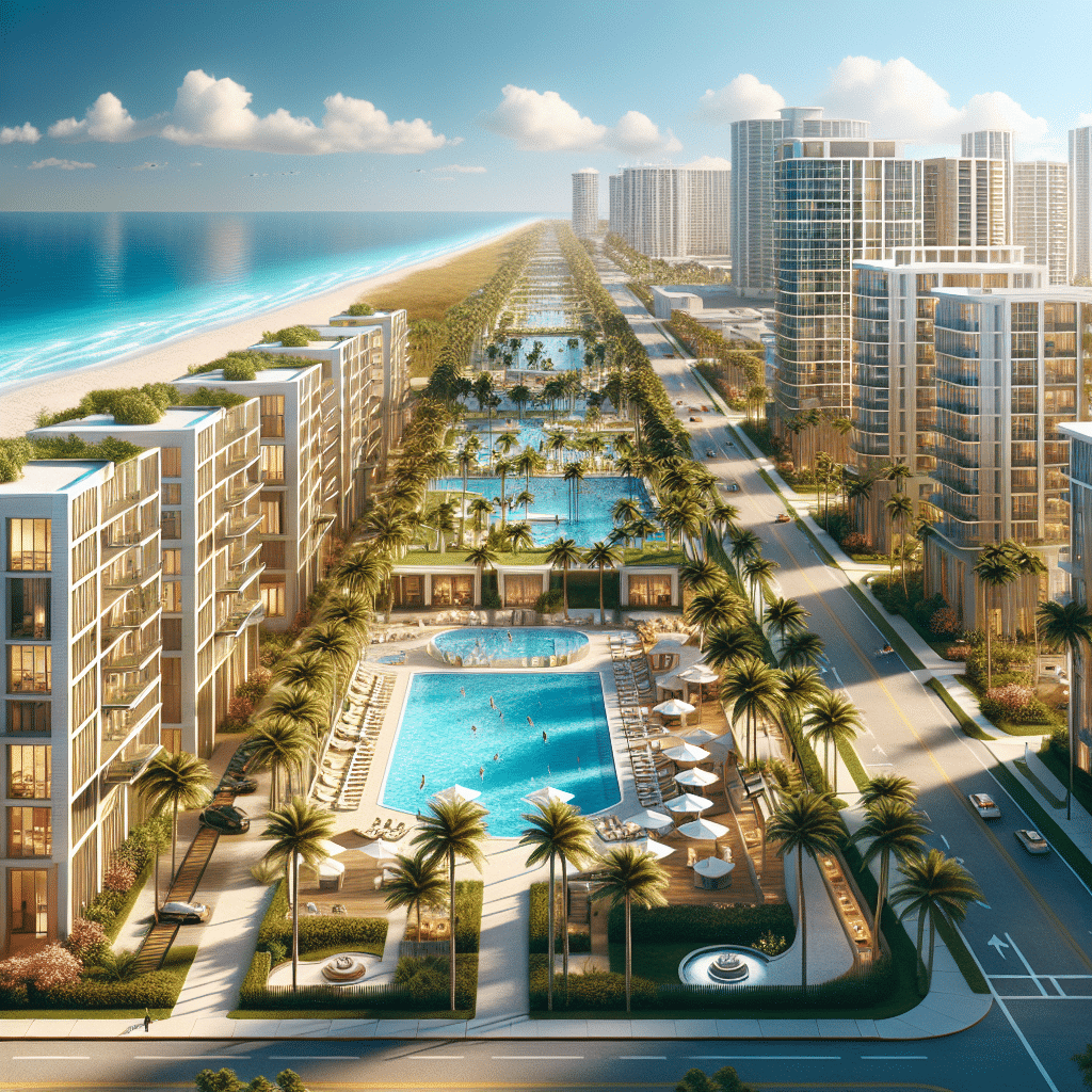 Aerial view of a luxurious beachfront resort with multiple pools lined with palm trees. Modern high-rise buildings flank the pools, with the ocean on one side and a road on the other. Sunny, clear skies enhance the vibrant scene.