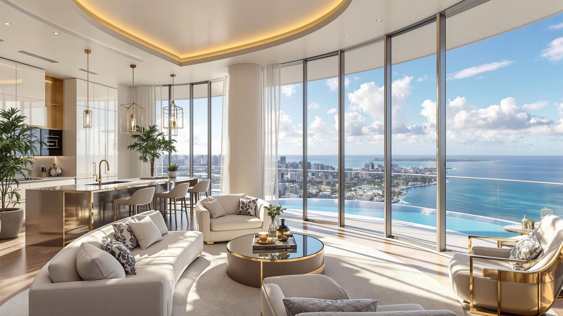 Luxurious modern living room in a Boca Raton rental, featuring floor-to-ceiling windows with stunning city and ocean views. The space boasts elegant white and gold furniture, a circular coffee table, a sleek kitchen island with barstools, and decorative plants—perfect for those seeking luxury apartments.