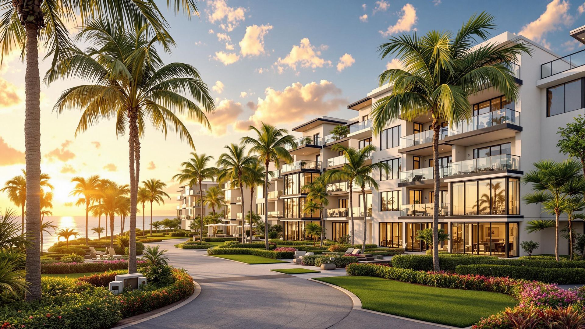 A luxurious coastal apartment complex with modern architecture, situated in Boca Raton, FL, surrounded by palm trees and well-manicured gardens. The sun sets in the background, casting a warm glow over the buildings and a curving pathway in the foreground. These apartments are now available for rent.