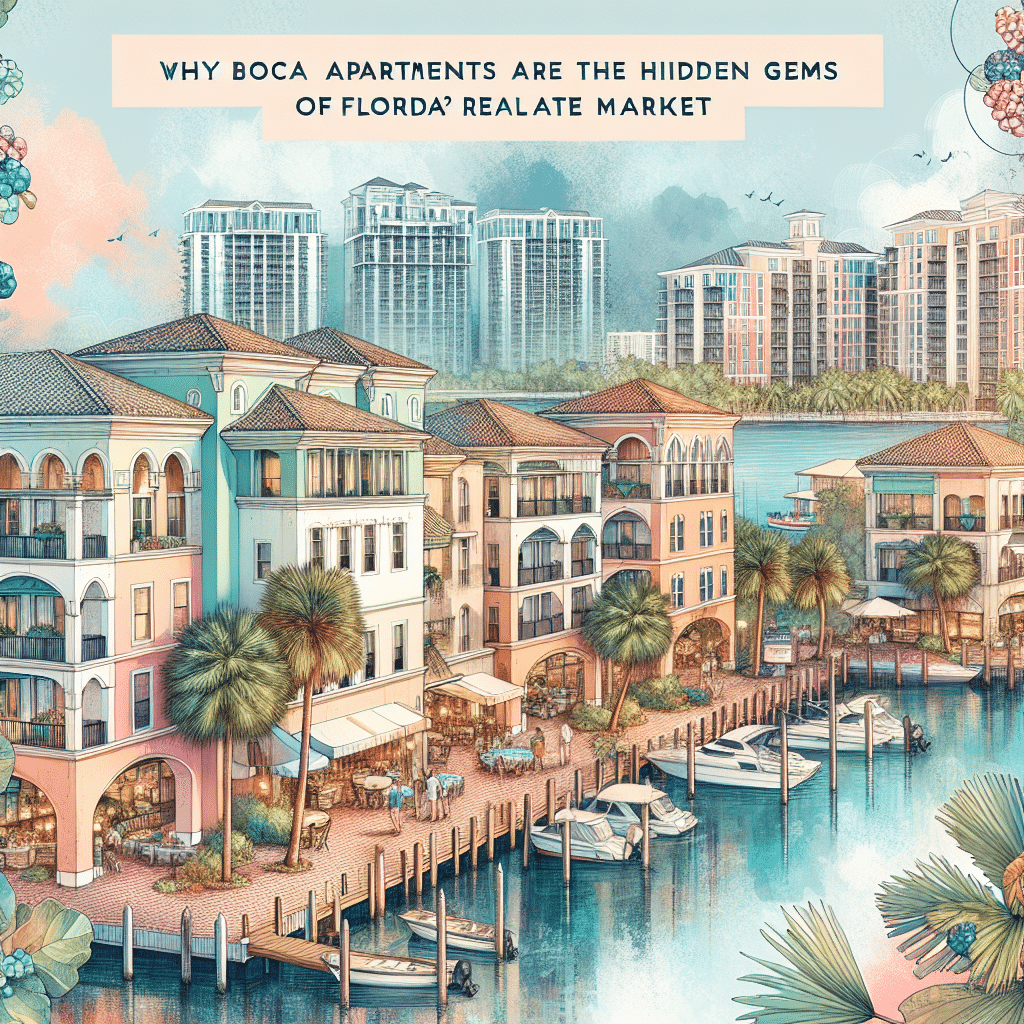 Illustrated scenic view of waterfront apartments in Boca, Florida, with palm trees and boats. Pastel-colored buildings and high-rises in the distance create a serene ambiance. Text reads, "Why Boca Apartments Are the Hidden Gems of Florida? Realate Market.