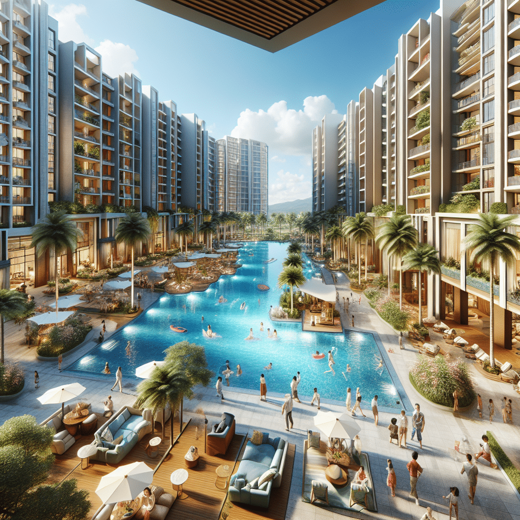 A luxurious residential complex surrounds a large outdoor pool, featuring lush palm trees and people relaxing. The scene includes modern high-rise buildings, poolside seating, and vibrant landscaping under a clear blue sky.