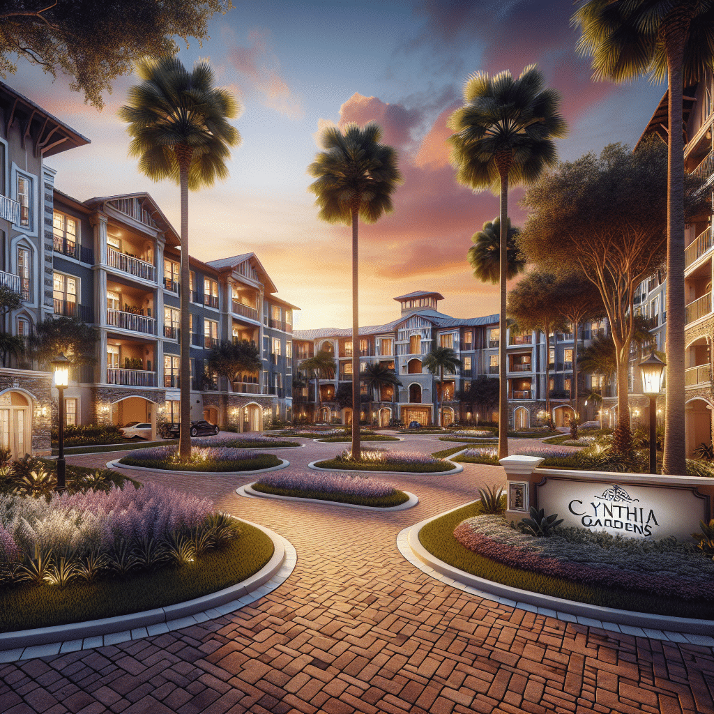 A picturesque courtyard at sunset featuring a residential complex with ornate architecture, surrounded by palm trees and blooming gardens. A sign reads "Cynthia Gardens." The sky is vibrant with shades of orange and purple.