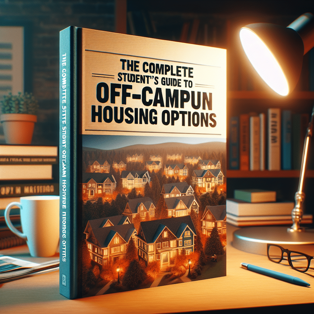 A book titled "The Complete Student's Guide to Off-Campus Housing Options" stands on a wooden desk under a lit lamp. The cover features an illustration of houses. Nearby are books, a cup, and a pencil, creating a cozy study atmosphere.