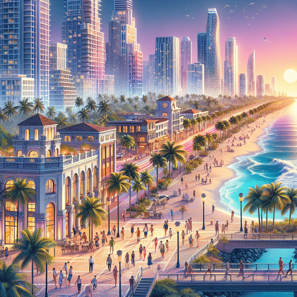 A vibrant cityscape at sunset features a bustling beachside promenade lined with palm trees and lively pedestrians. Modern skyscrapers rise in the background, while the sun sets over the ocean, casting a warm glow on the scene.