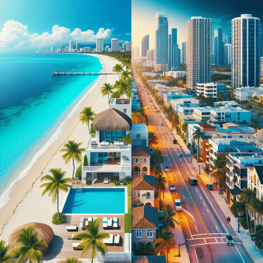 Split image of a coastal city: on the left, a vibrant beach with turquoise waters, palm trees, and a modern villa with a pool; on the right, a bustling cityscape with high-rise buildings and a busy street at sunset.