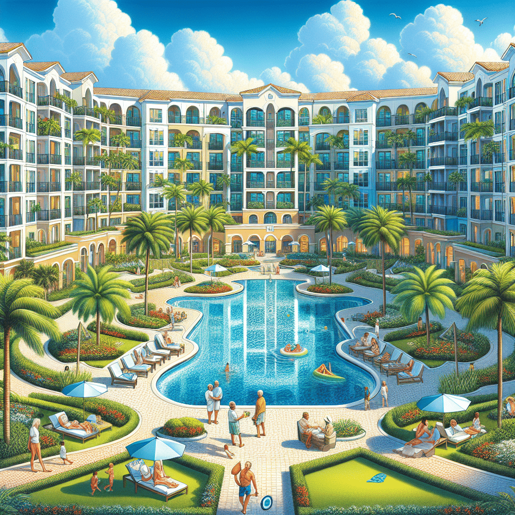 A vibrant resort scene with a large kidney-shaped pool surrounded by palm trees and sunbathers on loungers. Multistory buildings frame the pool area, and people are seen swimming and relaxing under the bright blue sky with fluffy clouds.