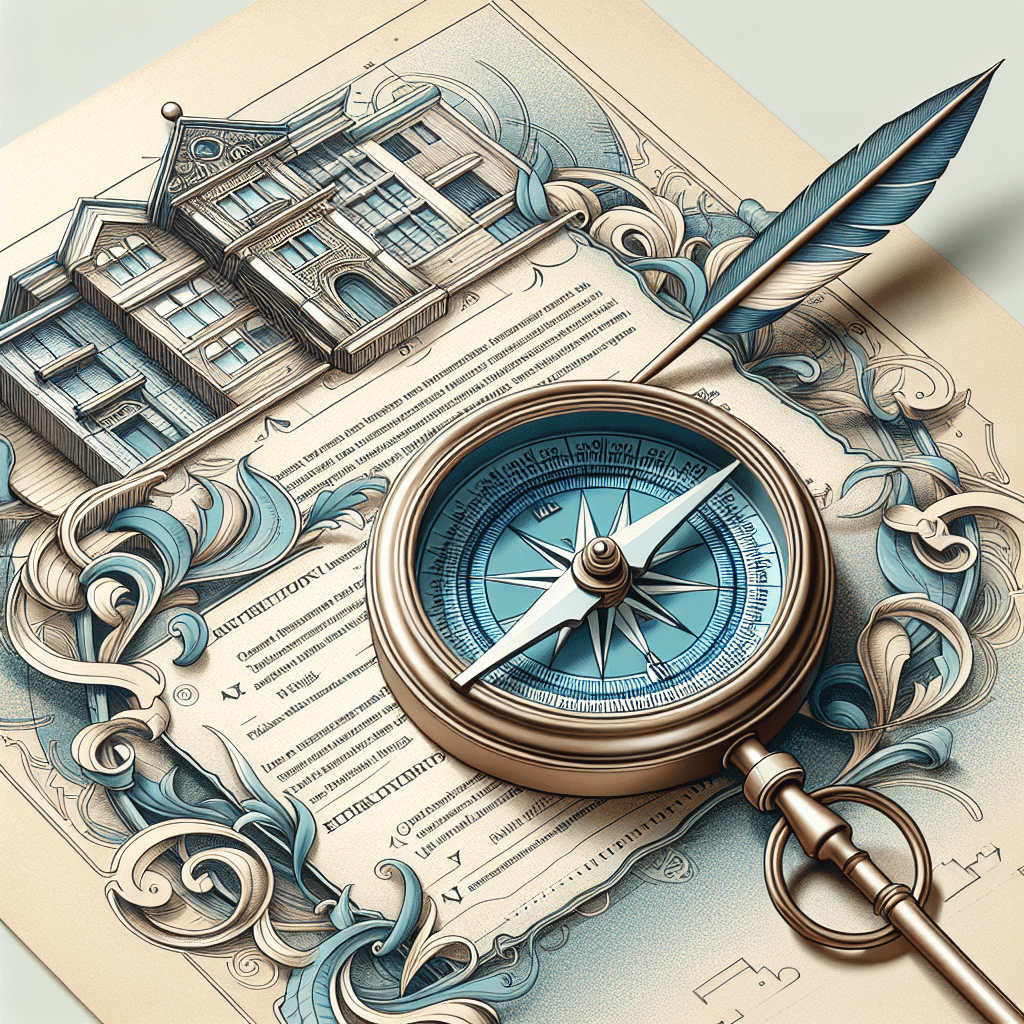 An ornate compass rests atop an intricate architectural blueprint, embellished with elaborate scrollwork and a quill pen. The scene combines elements of exploration and detailed design, suggesting a blend of navigation and architectural planning.