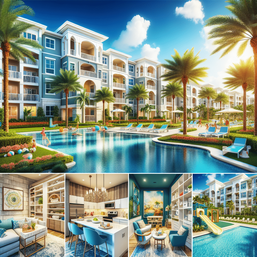 A luxurious apartment complex with a large pool surrounded by lounge chairs and palm trees. Below are images of a modern kitchen, cozy living space with a scenic view, and a playground with a slide.