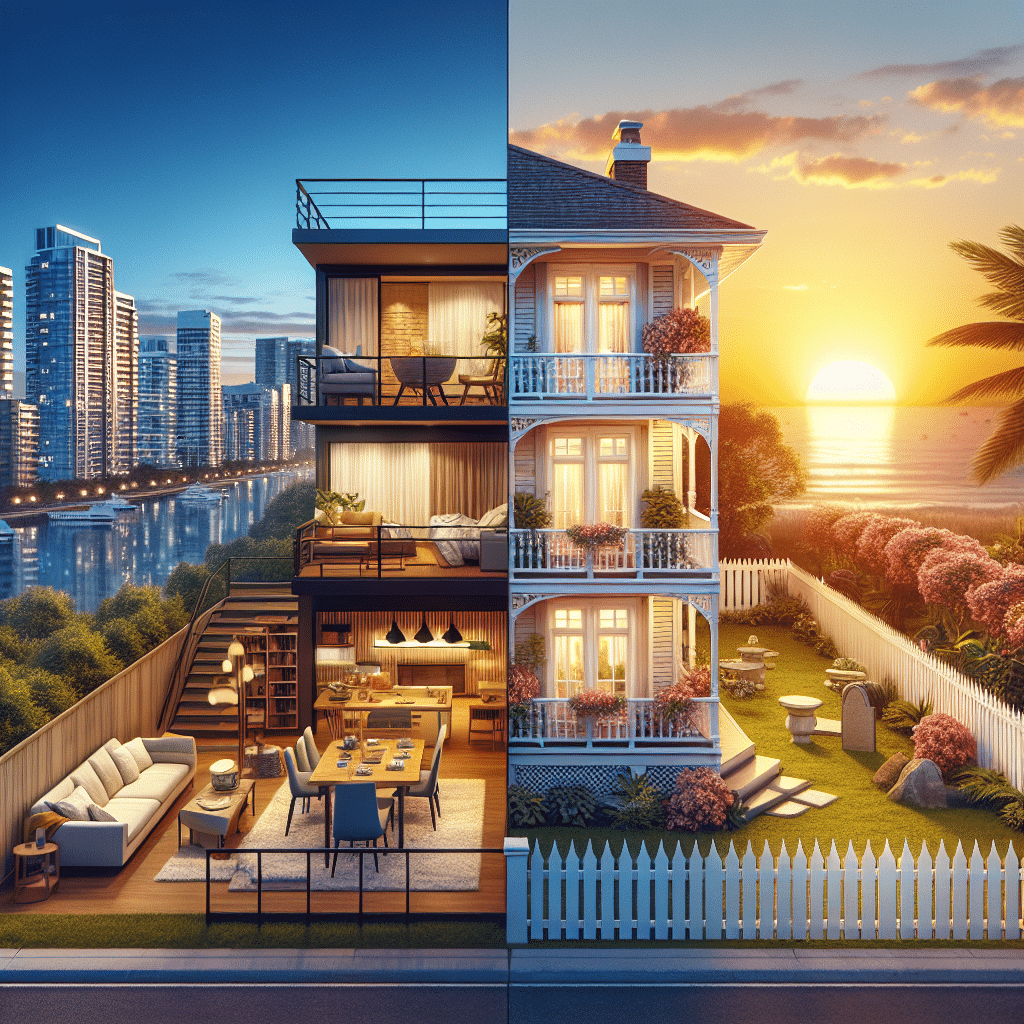 A split-image showcases a modern city apartment with a skyline view on the left, and a cozy beachside house with a garden at sunset on the right, highlighting contrasting urban and coastal lifestyles.