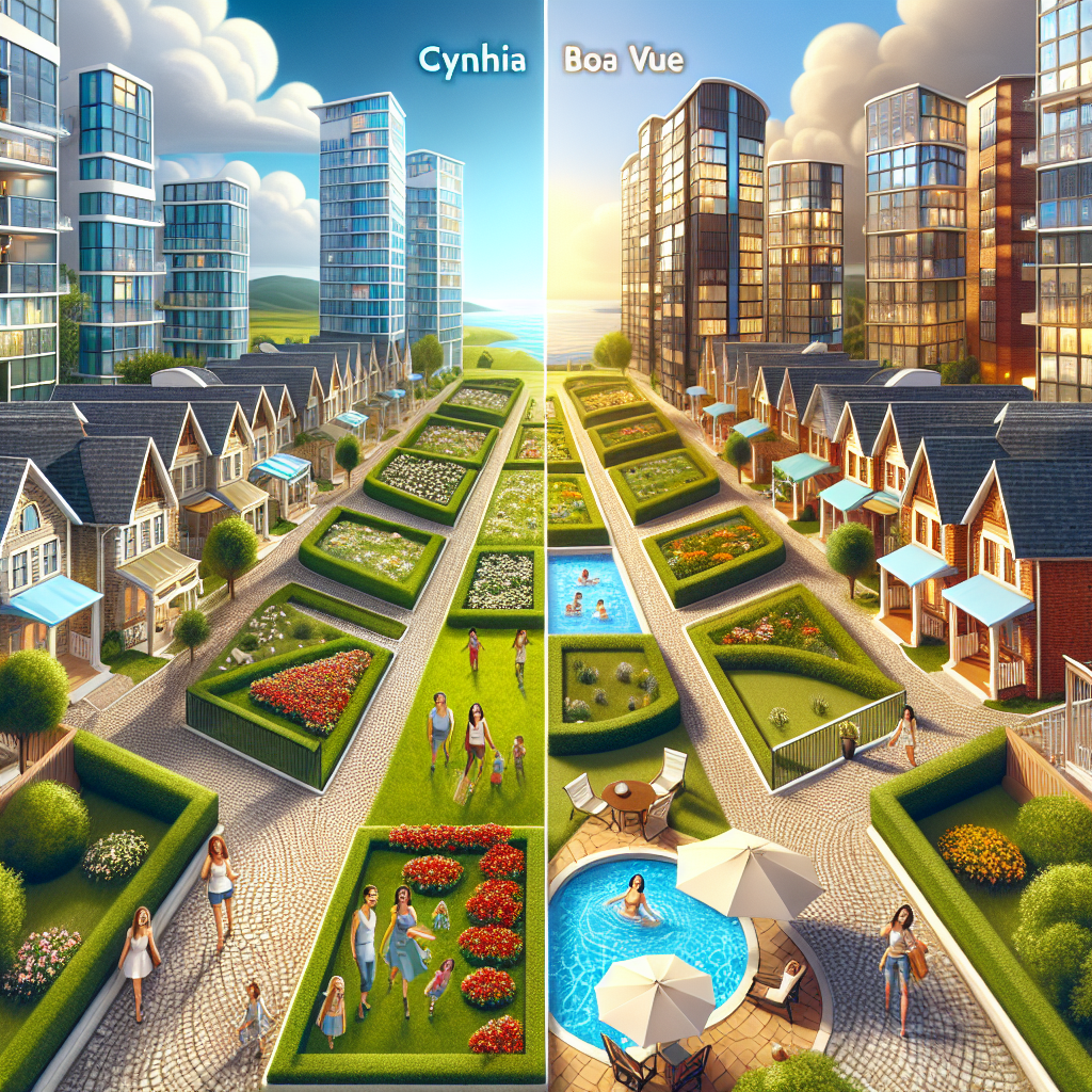 A split scene depicts two contrasting neighborhoods: "Cynhia" with a serene landscape of houses, gardens, and families, and "Boa Vue" featuring modern skyscrapers, pools, and lounging people under umbrellas.