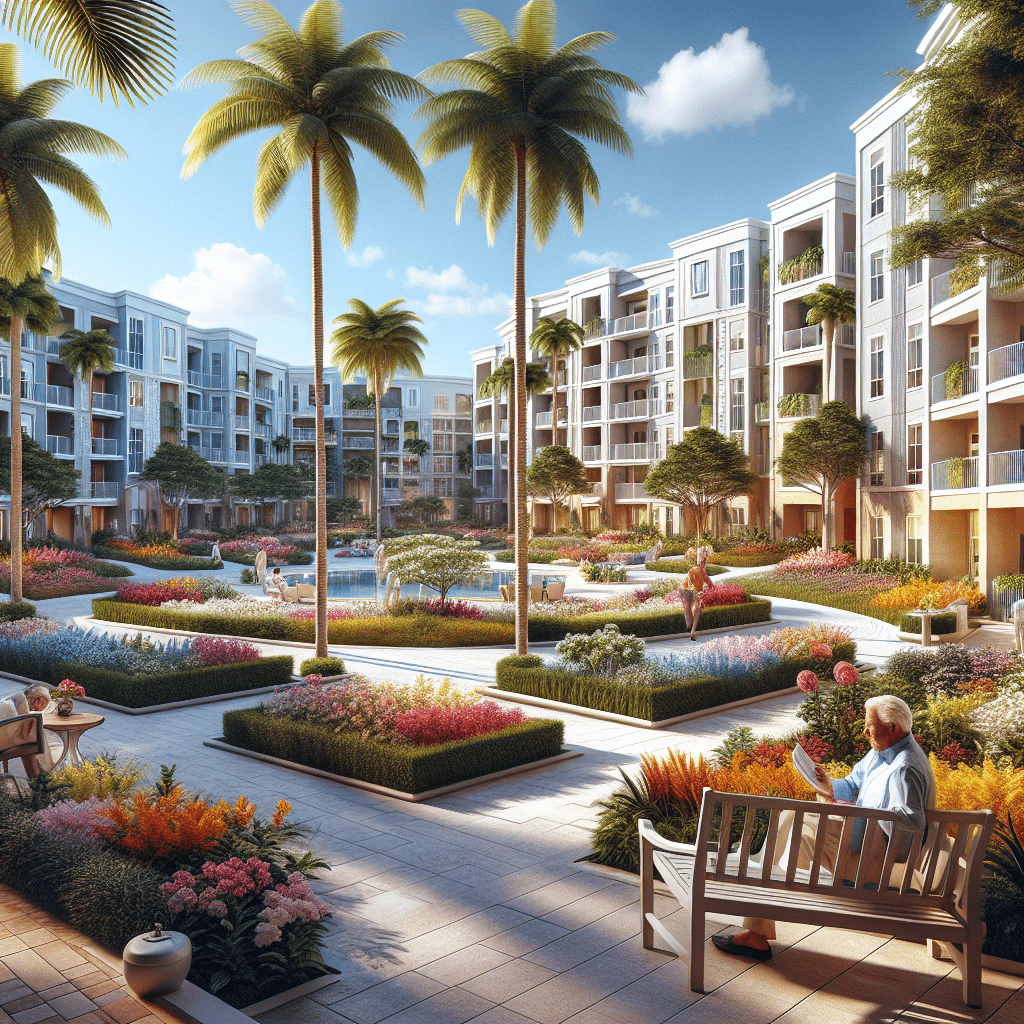 A sunny courtyard with modern apartment buildings, palm trees, and a vibrant garden. People relax on benches and stroll along the paths, surrounded by colorful flowers and neatly trimmed hedges under a clear blue sky.