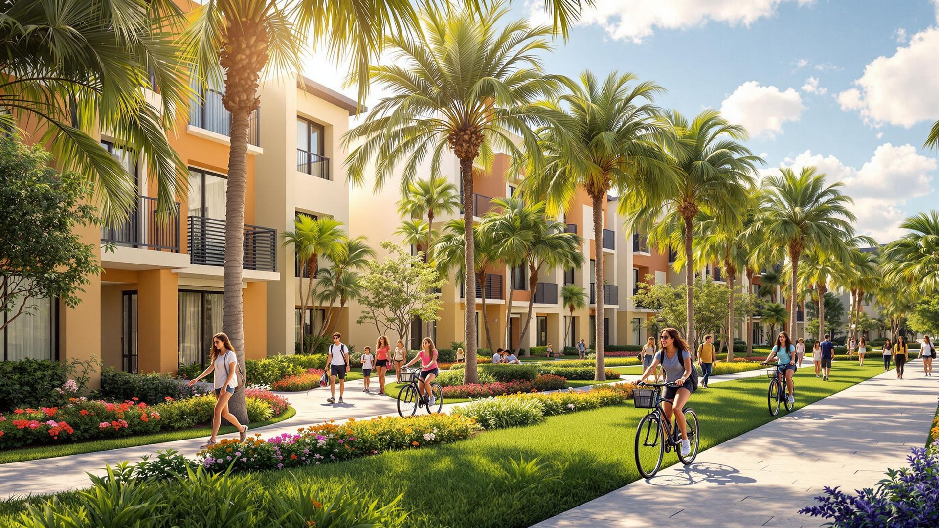 People are walking and cycling along a path lined with palm trees in Boca Raton. As they pass by rows of modern student housing, sunlight filters through the leaves under a clear blue sky. The scene is vibrant and relaxed.