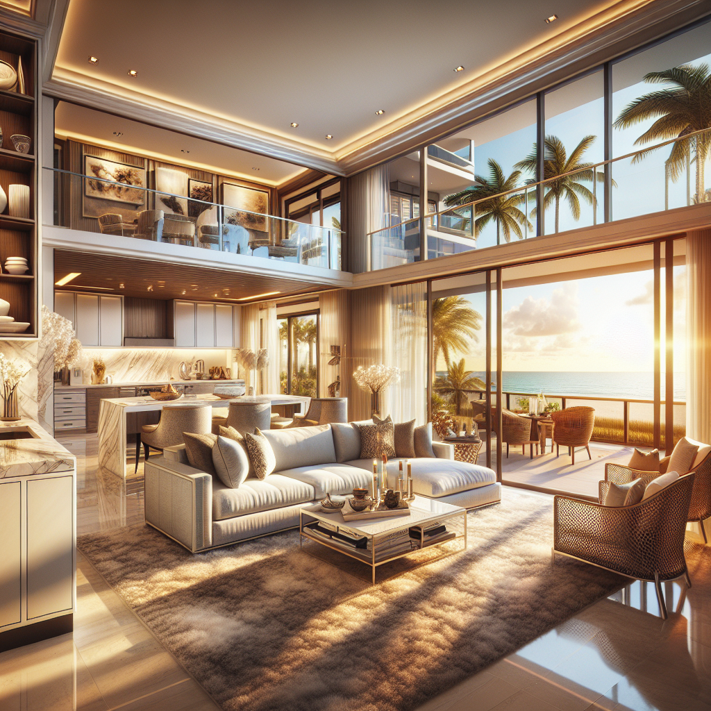 Luxurious open-concept living room with modern furniture, large windows, and ocean view. Sunlight streams in, illuminating the space. Upstairs balcony visible, surrounded by palm trees. Warm and inviting atmosphere.