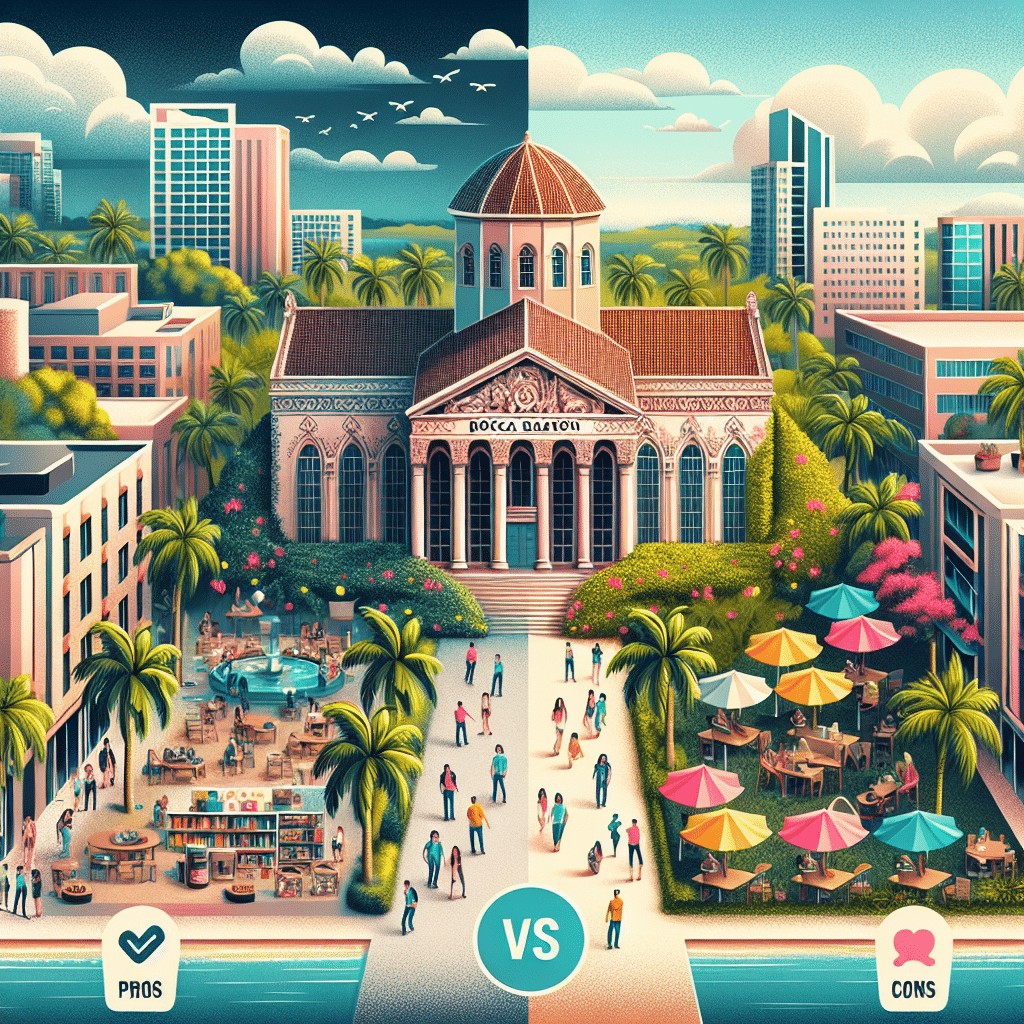 Split city scene illustration: vibrant left with bustling pool, reading area, cityscape labeled "PROS"; calm right with outdoor cafe, palm trees, labeled "CONS." Central building, sunny skies, and lush greenery link both sides.