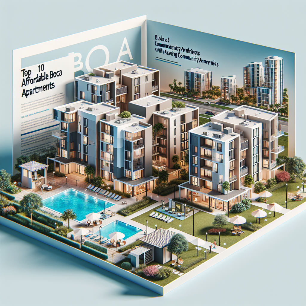 3D illustration of an open magazine displaying a modern apartment complex with a pool, greenery, and social areas. The headline reads "Top 10 Affordable Boca Apartments," highlighting lush amenities and community features.