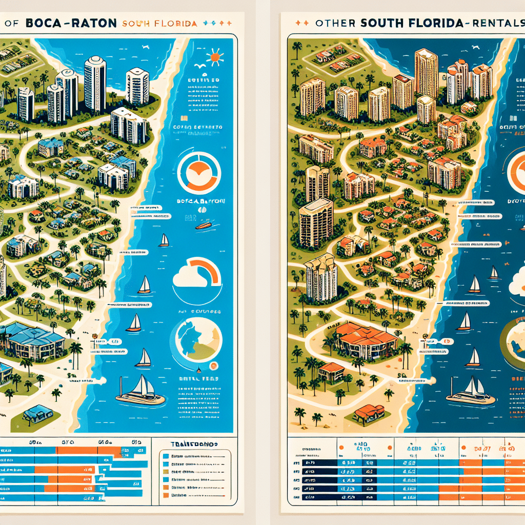 Illustrated infographic comparing rental data for Boca Raton and other South Florida areas. It features colorful maps, bar graphs, pie charts, and icons of boats and homes, with data on rental rates, demographics, and amenities by the beach.