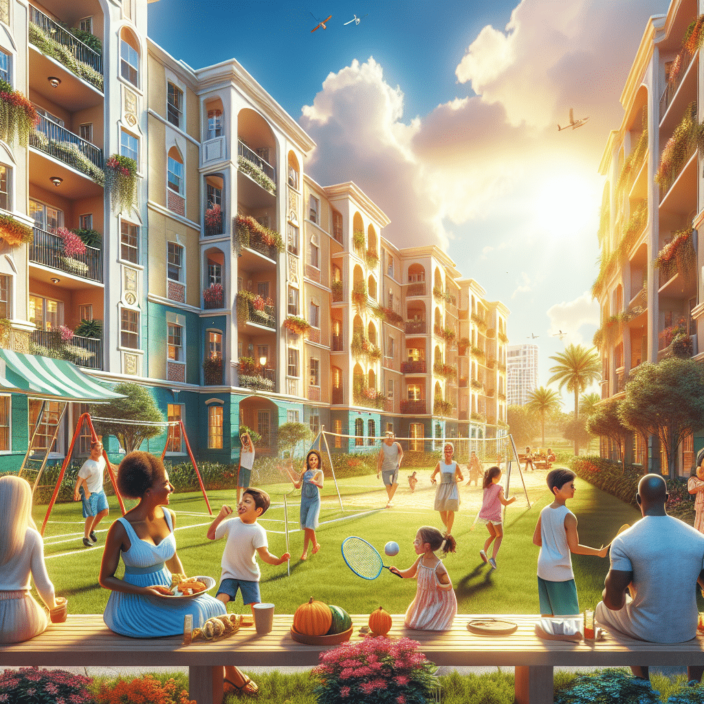 A vibrant courtyard scene with diverse families enjoying various activities like playing volleyball, badminton, and socializing. Tall apartment buildings with balconies surround the grassy area, decorated with flowers and bathed in warm sunlight.